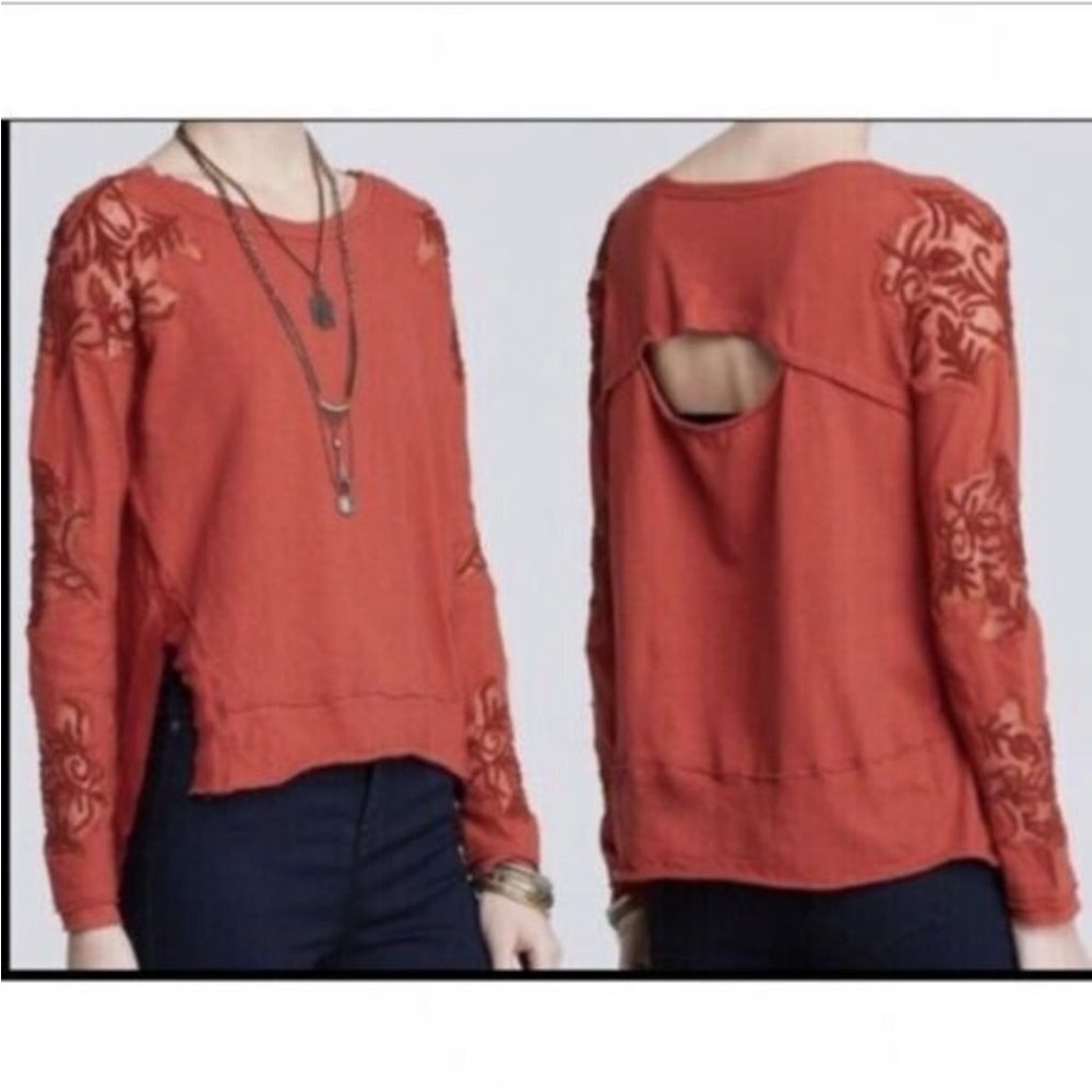 Free People Outer Sunset Grandpa Jersey Lace Top Red Rust‎ Small